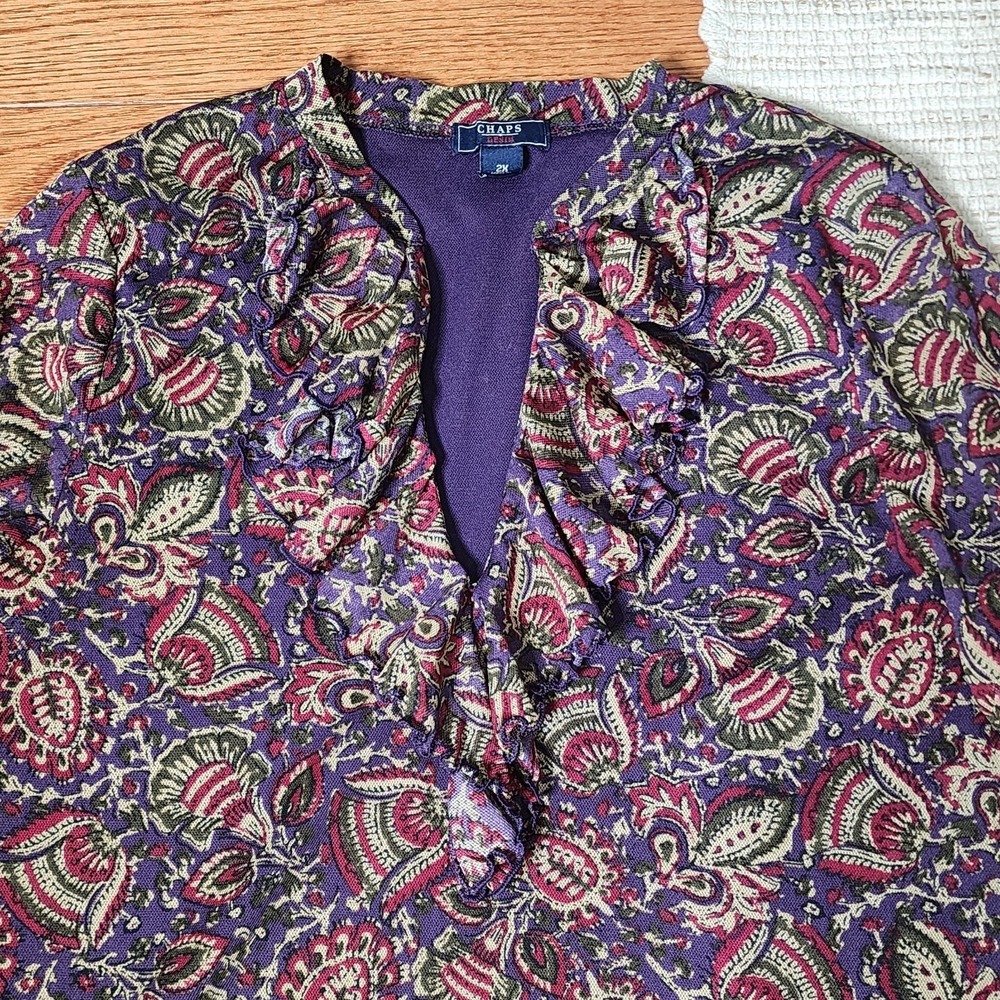 Chaps Denim Ruffle Top 2X Paisley Multicolor 3/4 Sleeve Split Neck Pullover Mesh
